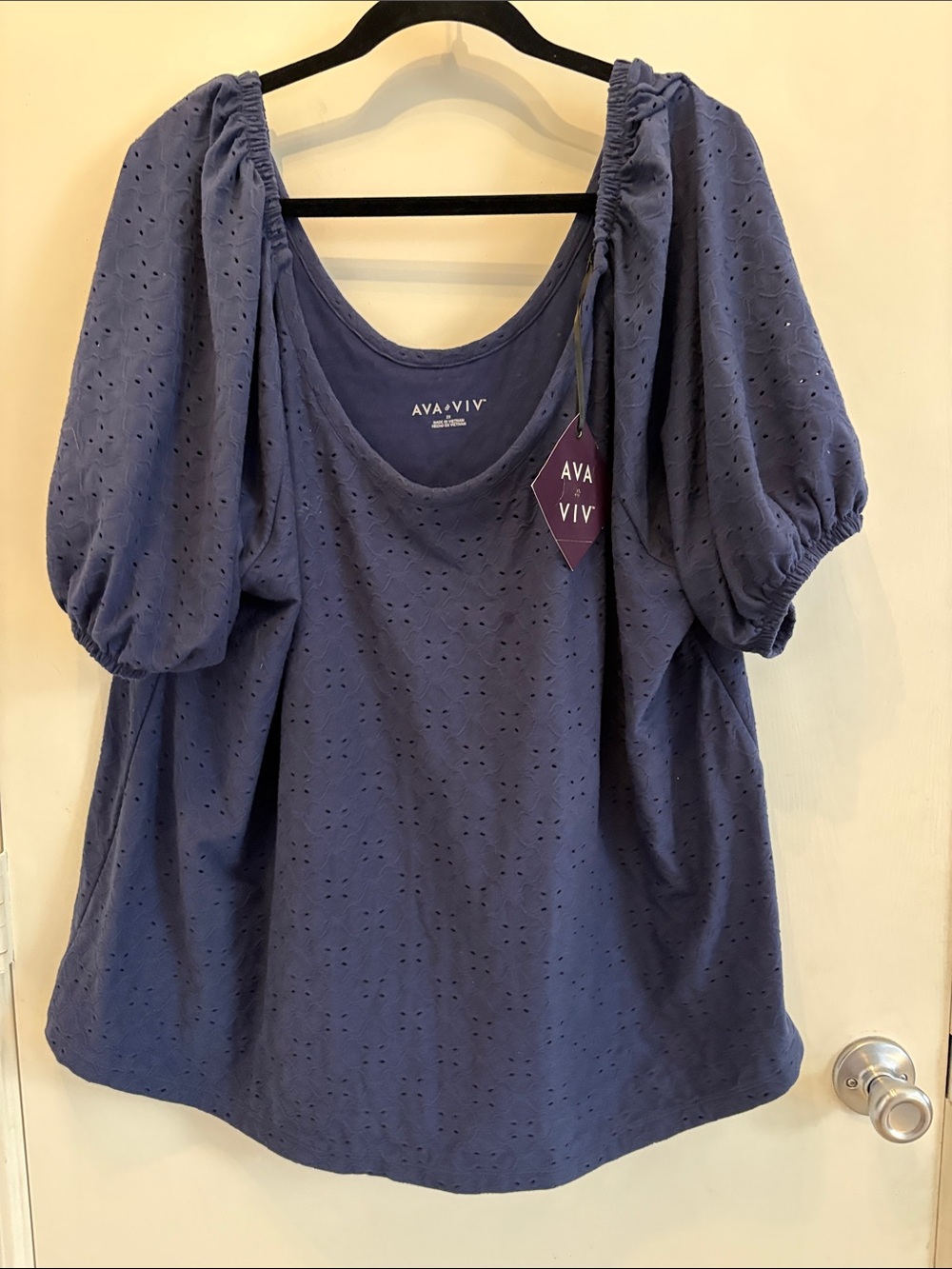 Ava & Viv Navy Eyelet Puff-Sleeve Women's Top Boho Cottagecore Coquette Size 2X